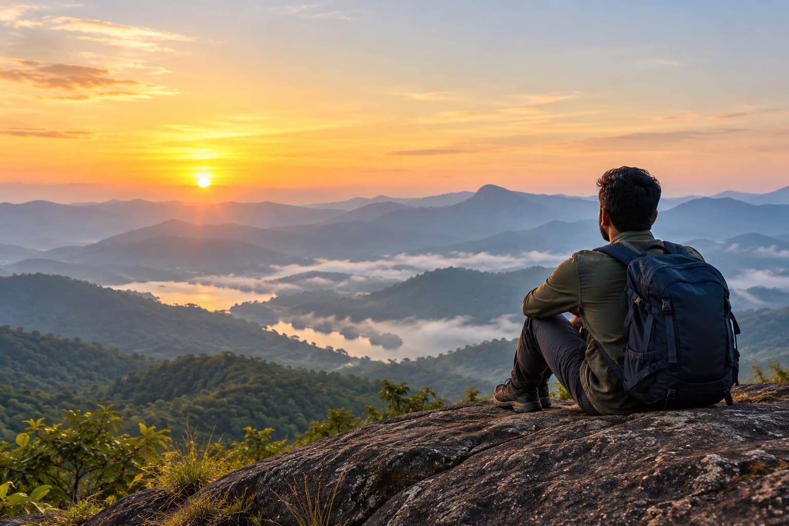 A person with a backpack looking across misty mountains toward the sunrise
