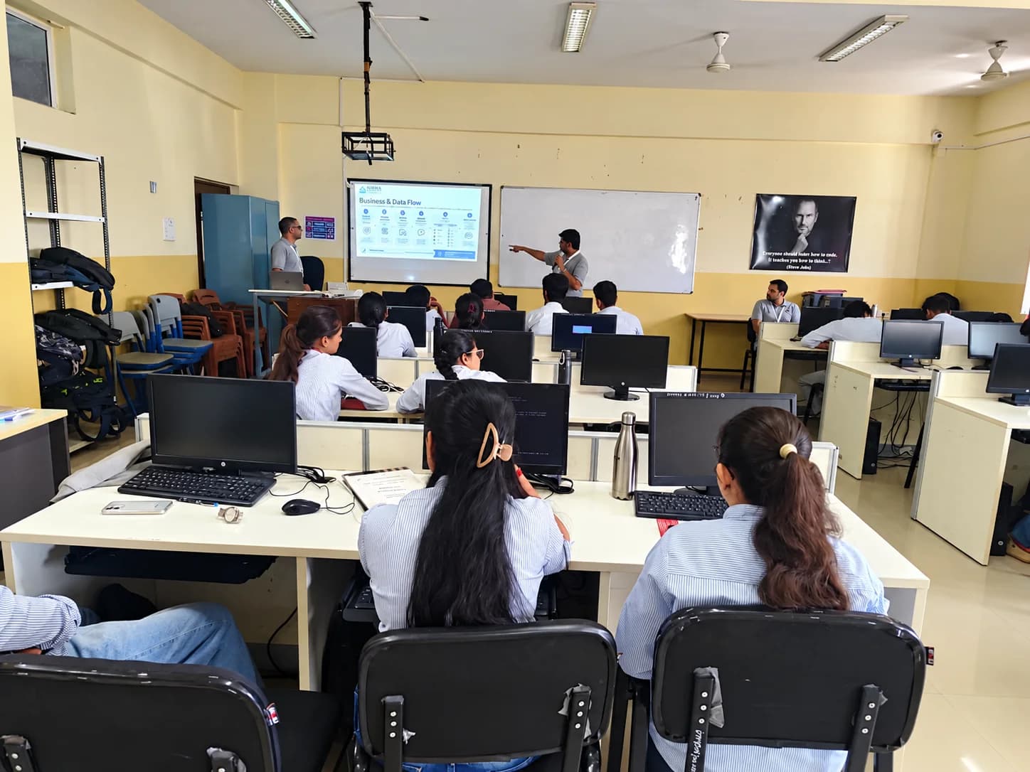 Students at computers watching a trainer walk through a Business and Data Flow slide