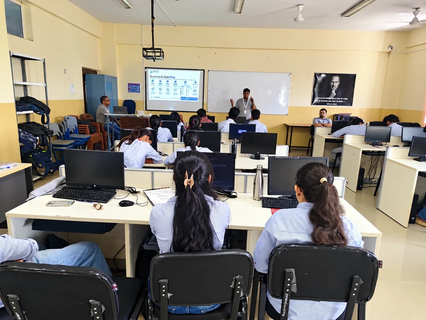 A trainer explaining a slide to a classroom of students working at their computers